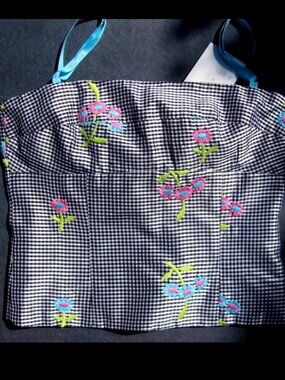 NWT Sleeveless silk top 2 Straps $180 Black White Checks Empire Embroiderd Cami